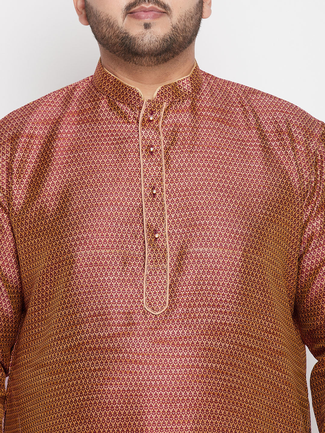 Vastramay mens plus size maroon color woven kurta and rose gold color pyjama set