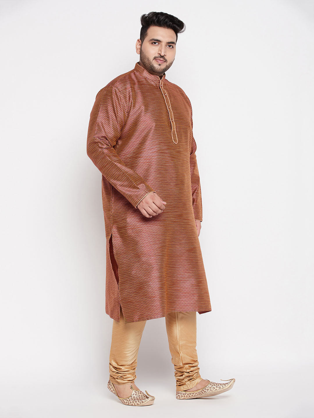 Vastramay mens plus size maroon color woven kurta and rose gold color pyjama set