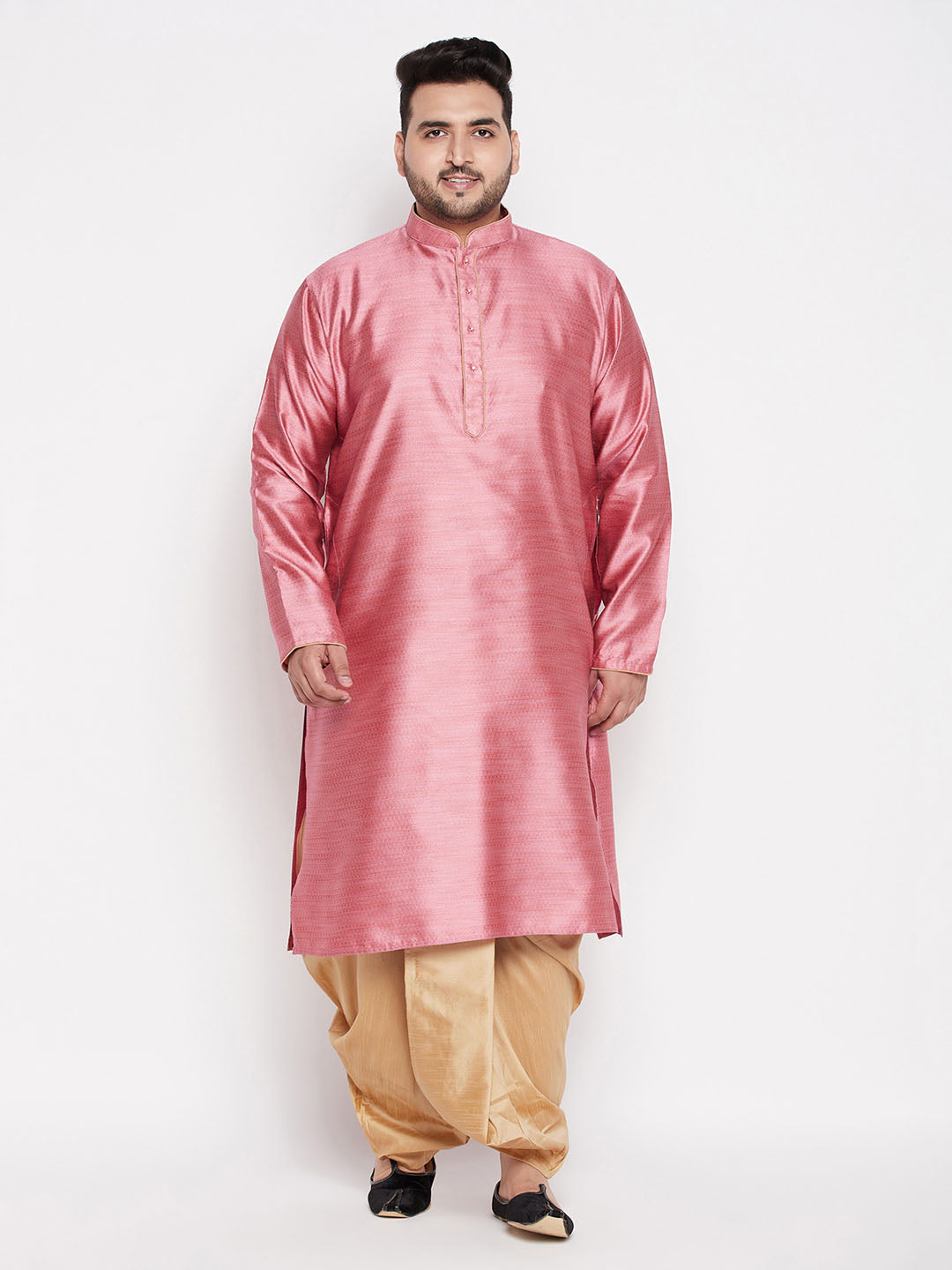 Vastramay mens plus size pink color woven kurta and rose gold color dhoti set