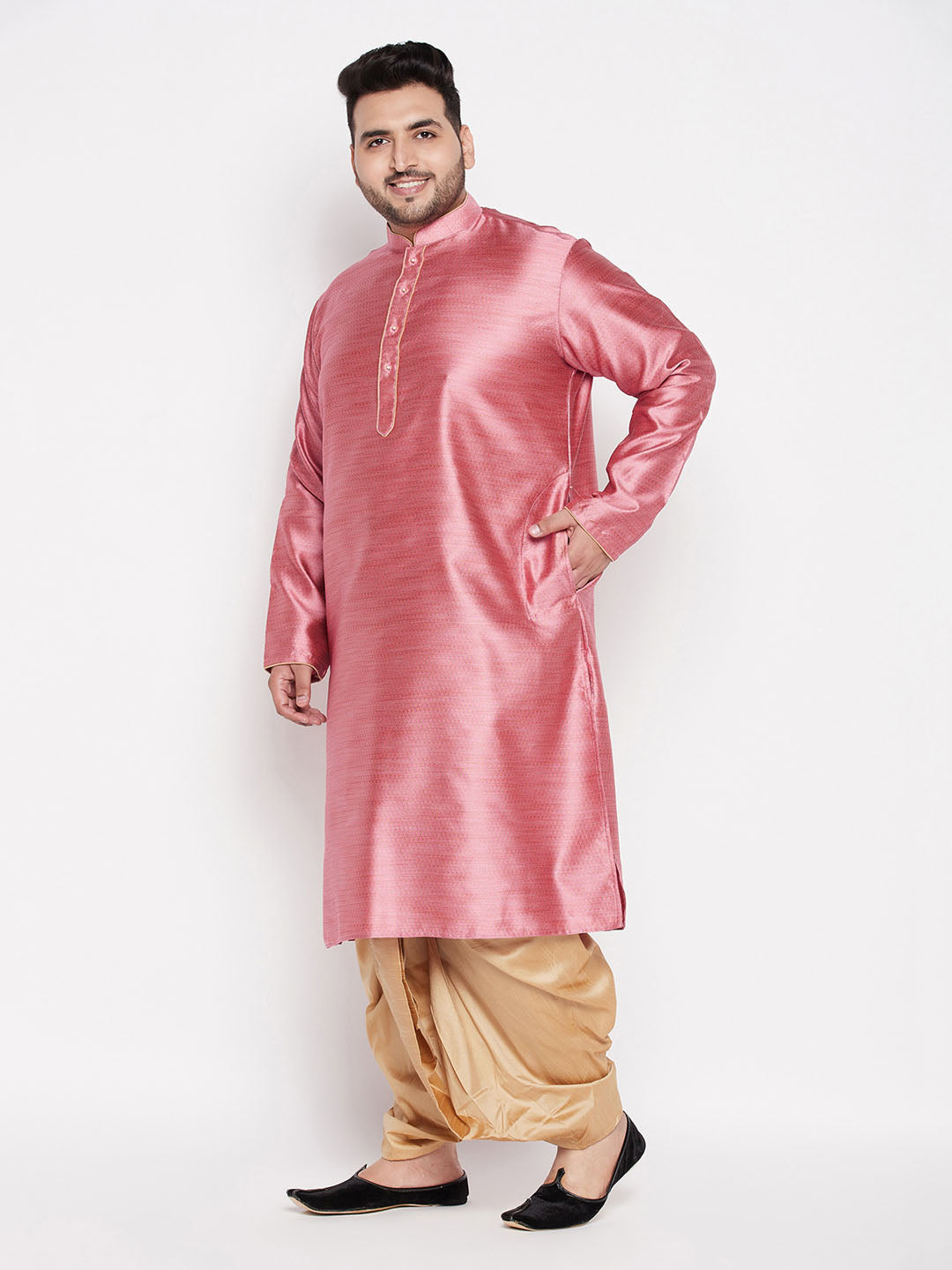 Vastramay mens plus size pink color woven kurta and rose gold color dhoti set