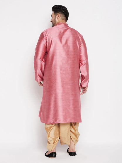 Vastramay mens plus size pink color woven kurta and rose gold color dhoti set