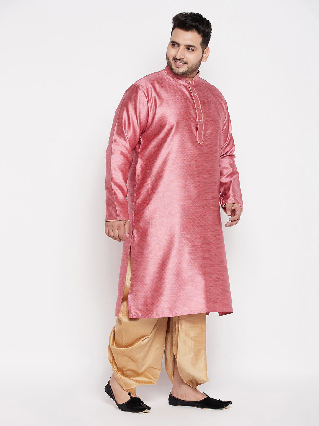 Vastramay mens plus size pink color woven kurta and rose gold color dhoti set