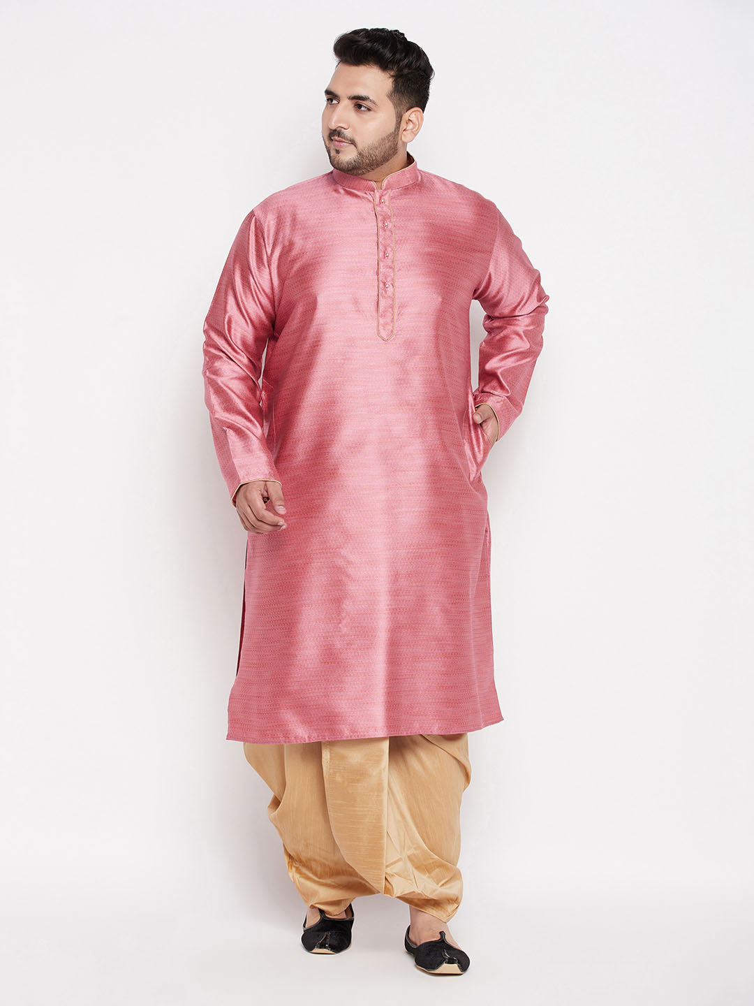 Vastramay Men's Plus Size Pink Woven Kurta And Rose Gold Dhoti Set