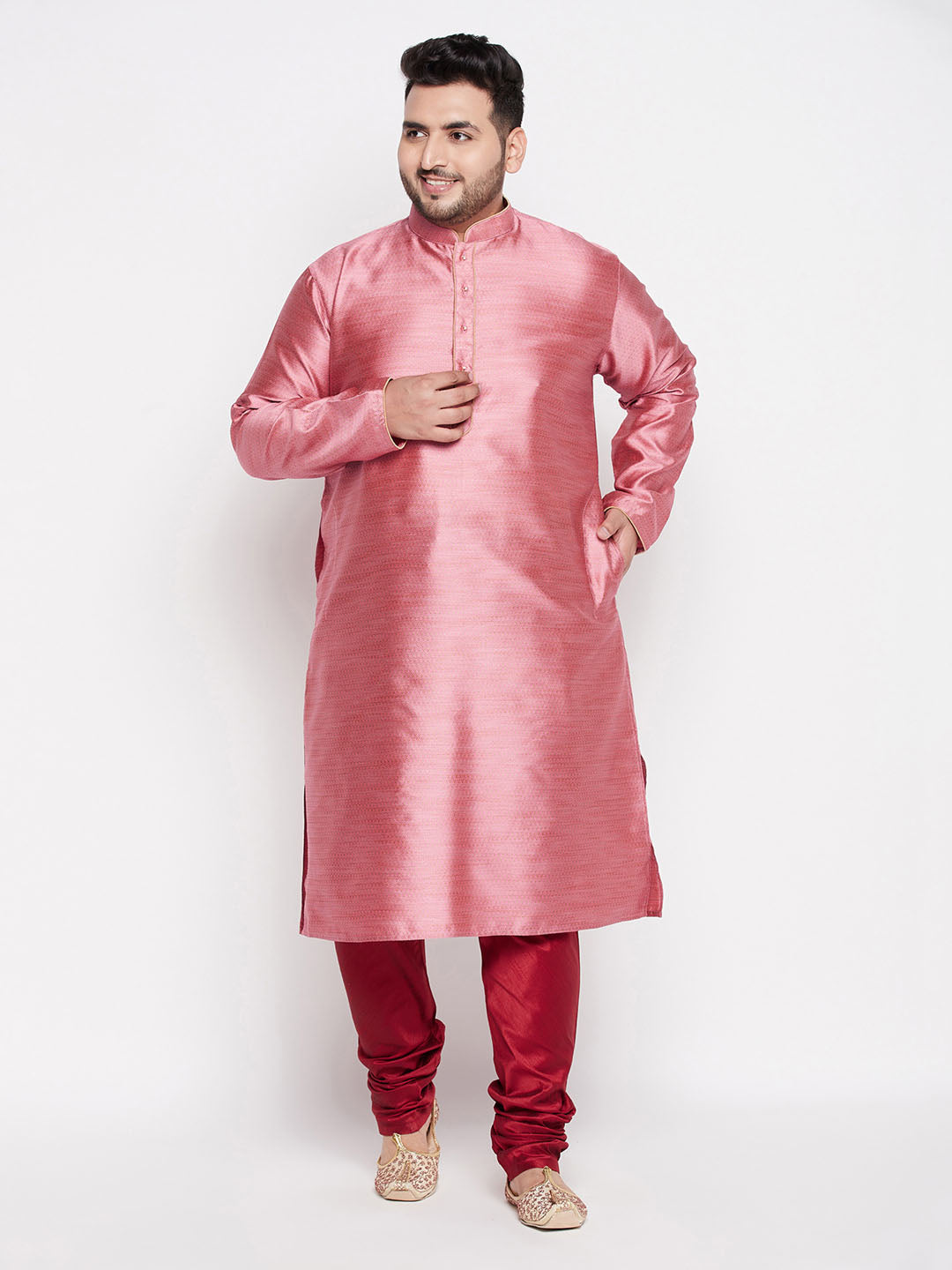 Vastramay mens plus size pink color woven kurta and maroo color pyjama set