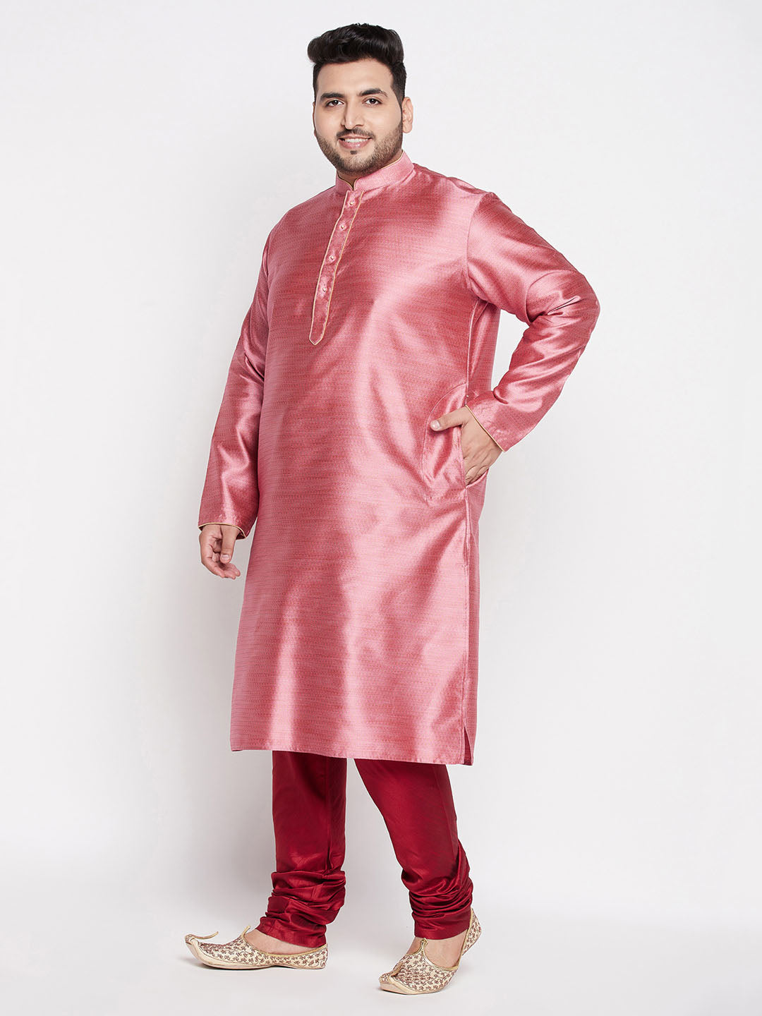 Vastramay mens plus size pink color woven kurta and maroo color pyjama set