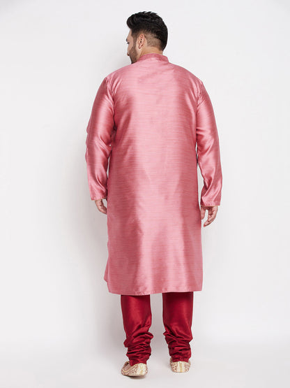 Vastramay mens plus size pink color woven kurta and maroo color pyjama set