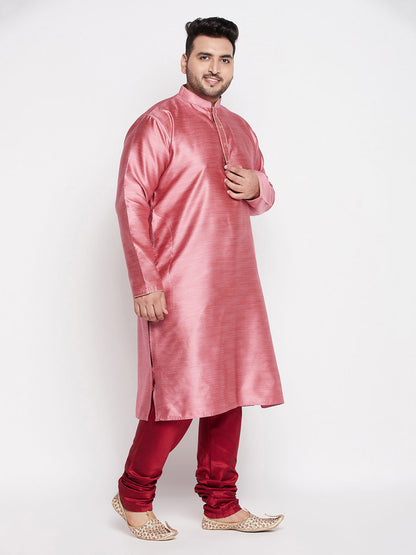 Vastramay mens plus size pink color woven kurta and maroo color pyjama set