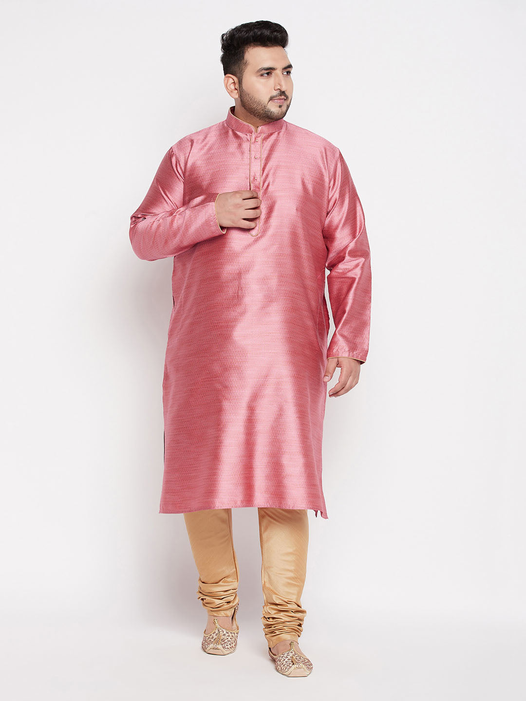 Vastramay mens plus size pink color woven kurta and rose gold color pyjama set