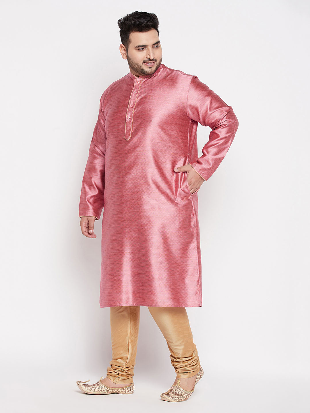 Vastramay mens plus size pink color woven kurta and rose gold color pyjama set