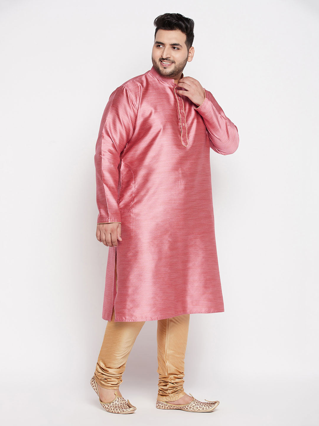 Vastramay mens plus size pink color woven kurta and rose gold color pyjama set