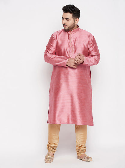 Vastramay Men's Plus Size Pink Woven Kurta And Rose Gold Pyjama Set