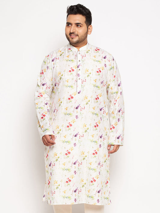 Vastramay mens plus size cream cotton blend printed kurta