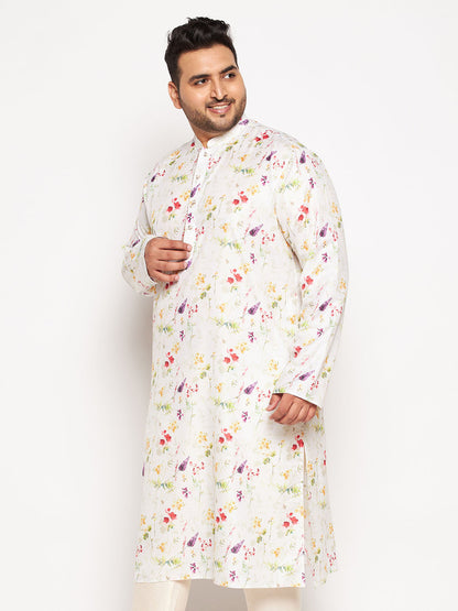 Vastramay mens plus size cream cotton blend printed kurta