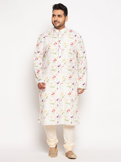 Vastramay mens plus size cream cotton blend printed kurta