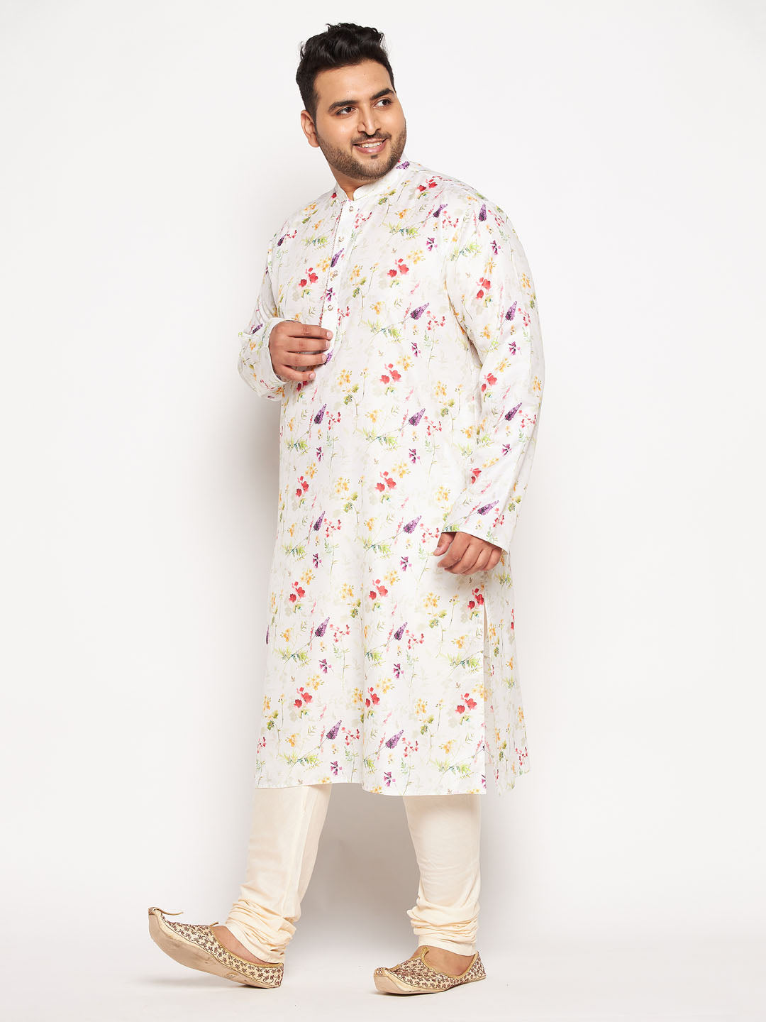 Vastramay mens cream color cotton blend printed kurta and pyjama set