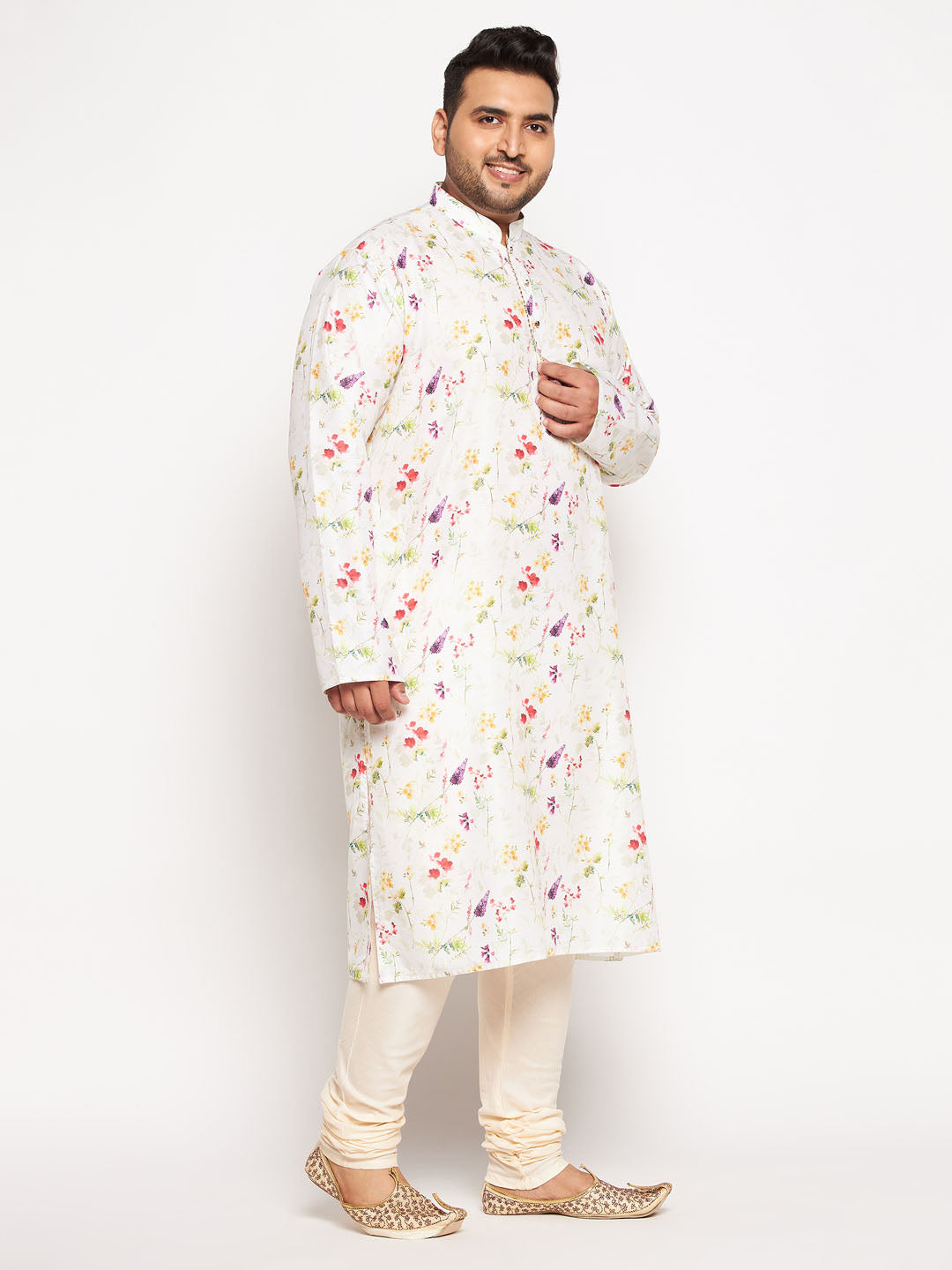 Vastramay mens cream color cotton blend printed kurta and pyjama set