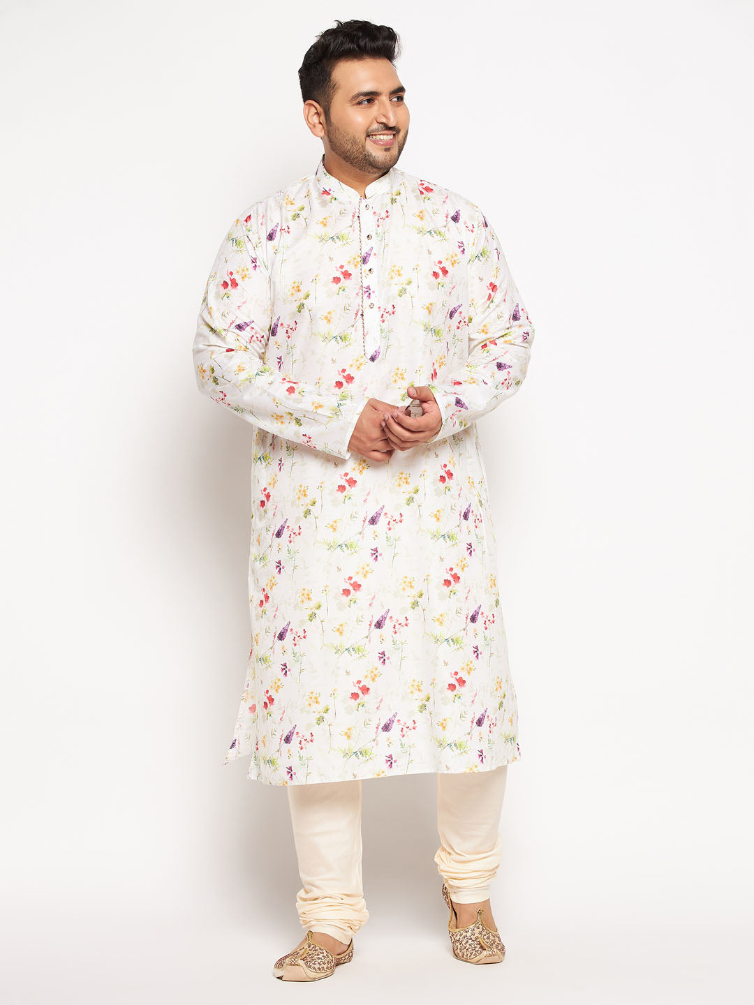 Vastramay mens cream color cotton blend printed kurta and pyjama set