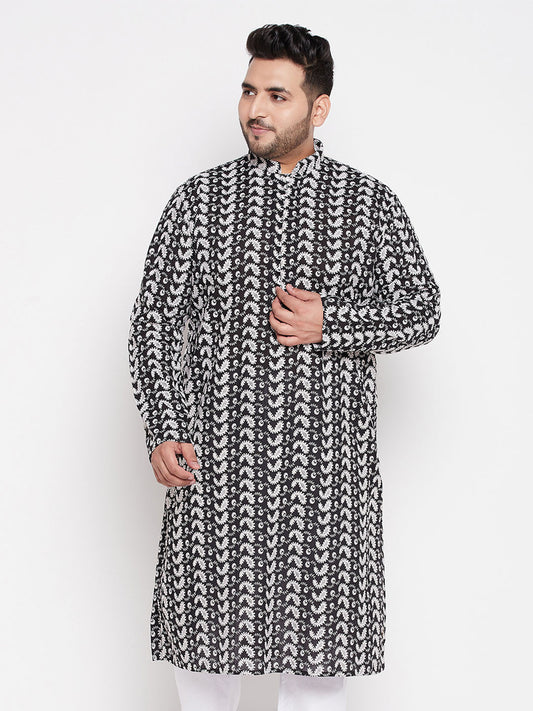 Vastramay mens plus size black chikankari embroidered kurta