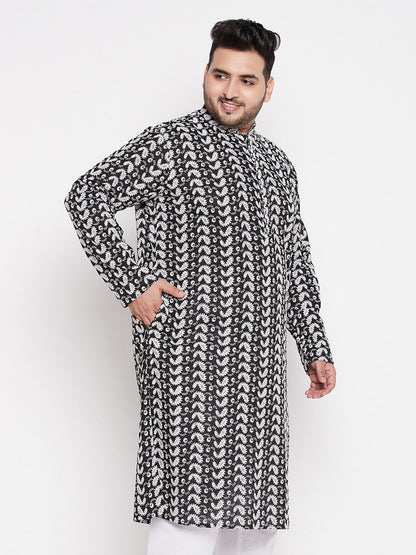 Vastramay mens plus size black chikankari embroidered kurta