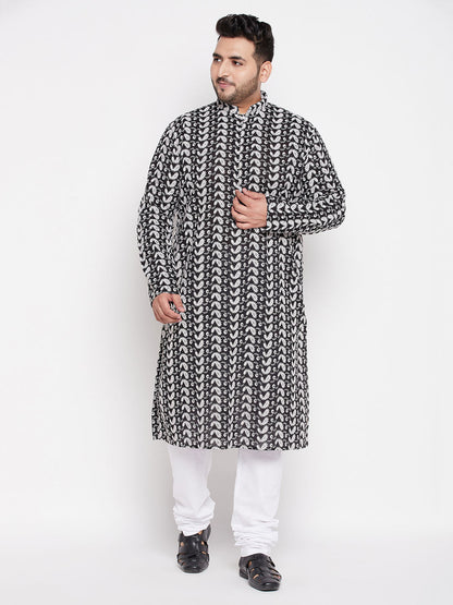 Vastramay mens plus size black chikankari embroidered kurta