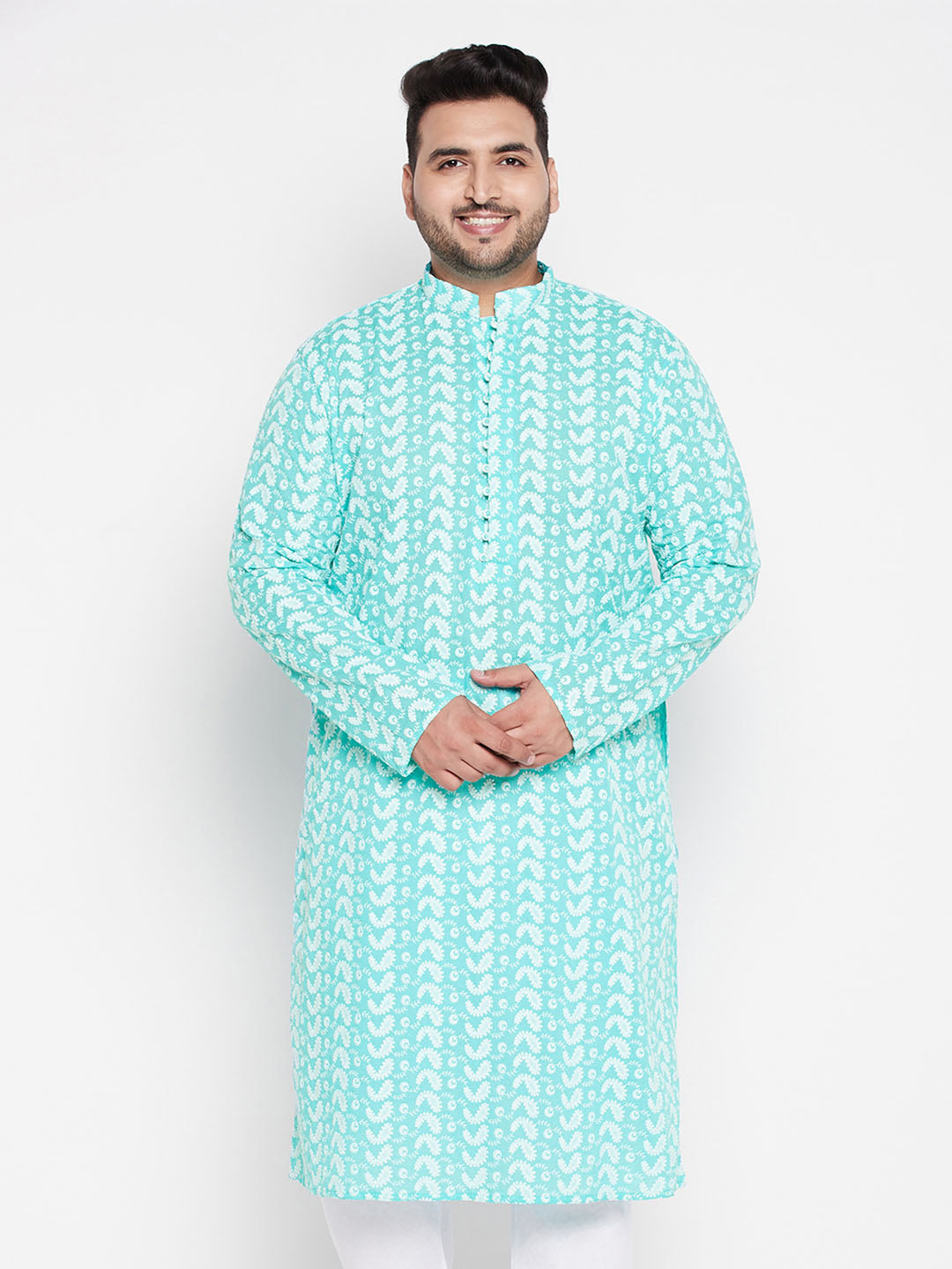 Vastramay mens plus size green chikankari embroidered kurta