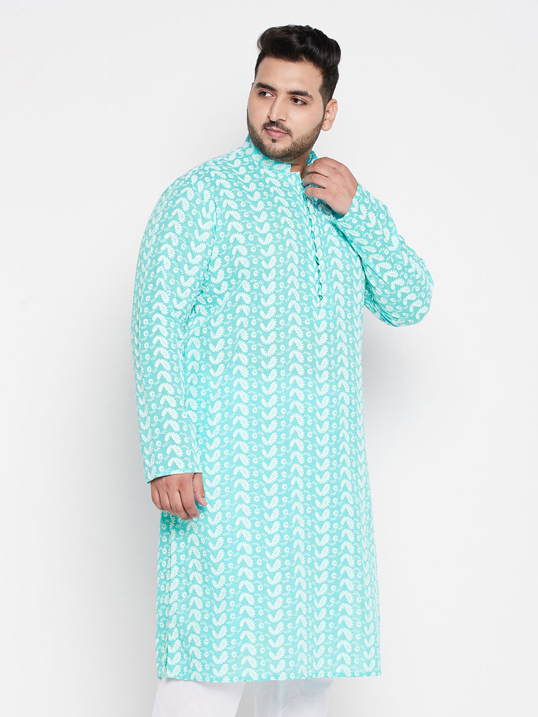 Vastramay mens plus size green chikankari embroidered kurta