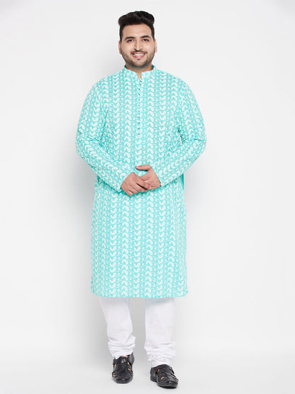 Vastramay mens plus size green chikankari embroidered kurta