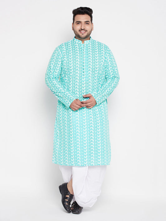 Vastramay mens plus size green color chikankari embroidered kurta and white color dhoti set