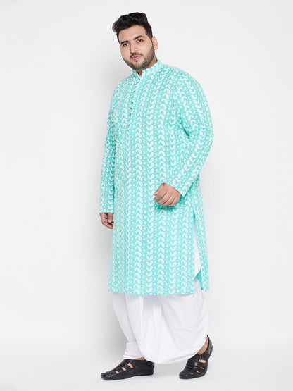 Vastramay mens plus size green color chikankari embroidered kurta and white color dhoti set