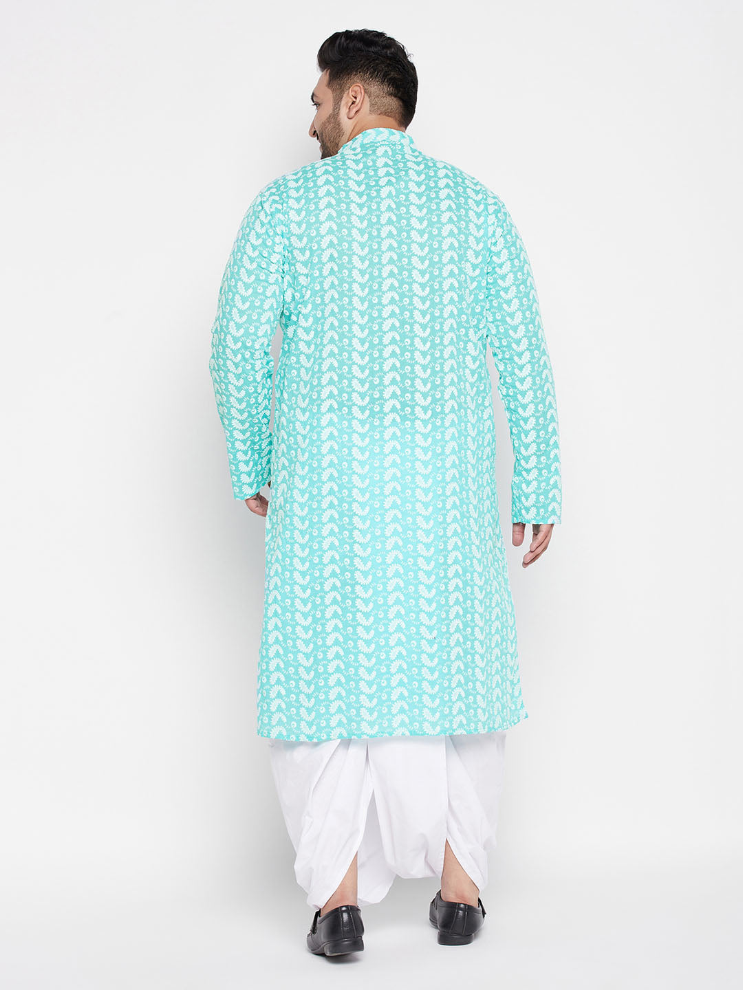 Vastramay mens plus size green color chikankari embroidered kurta and white color dhoti set