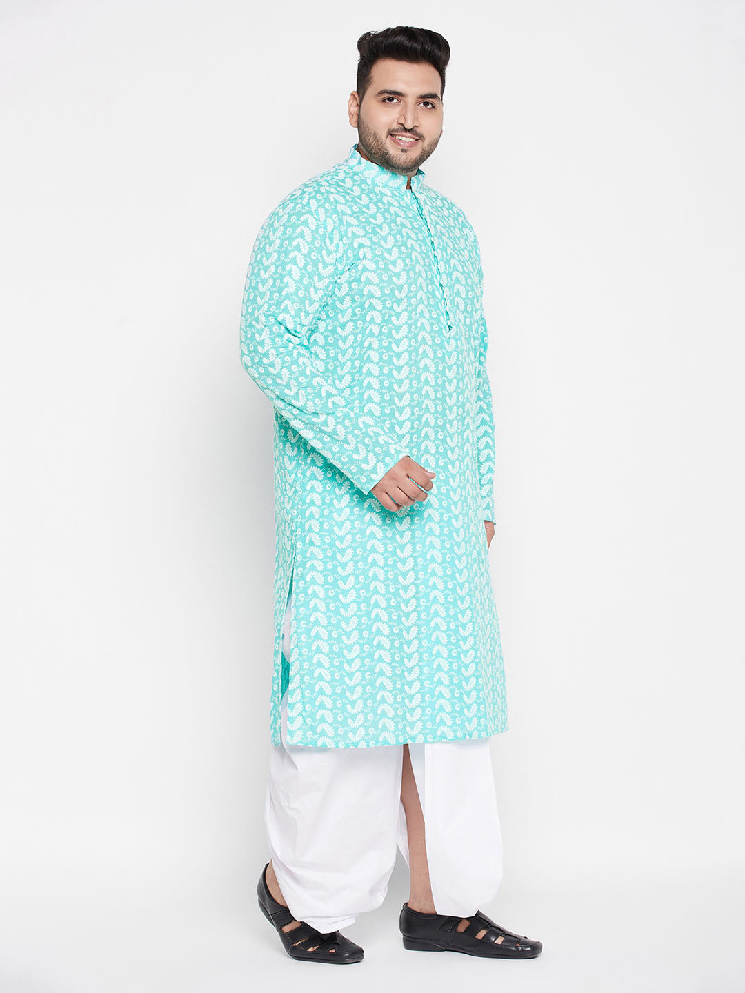 Vastramay mens plus size green color chikankari embroidered kurta and white color dhoti set