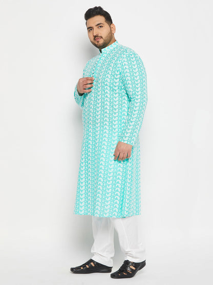 vastramay mens plus size green chikankari embroidered kurta and white cotton pant style pyjama set