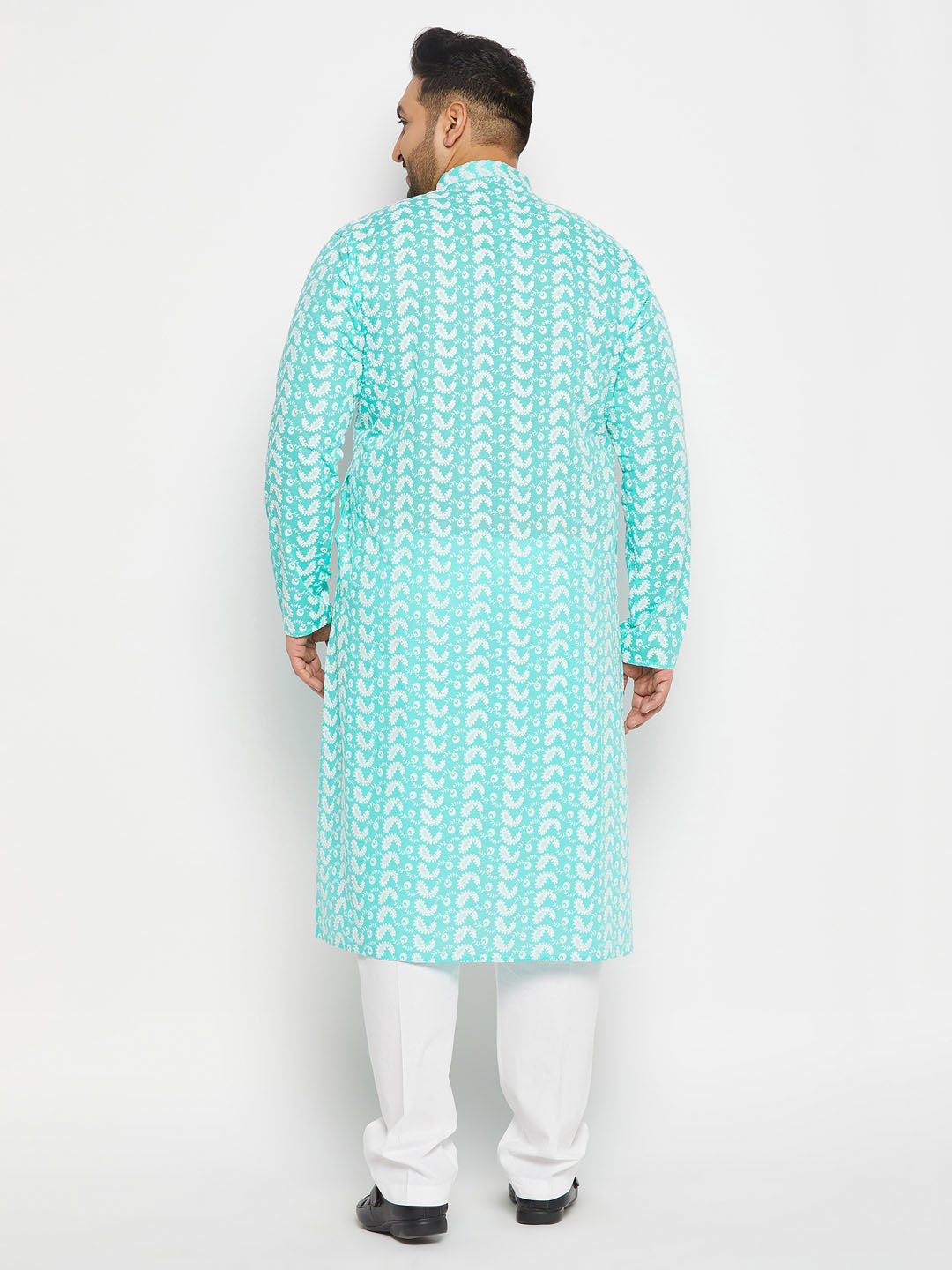 vastramay mens plus size green chikankari embroidered kurta and white cotton pant style pyjama set