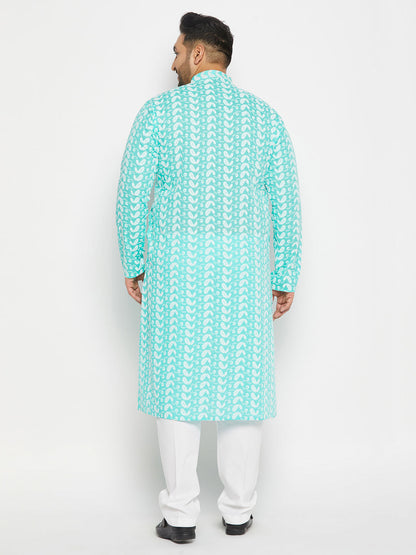 vastramay mens plus size green chikankari embroidered kurta and white cotton pant style pyjama set