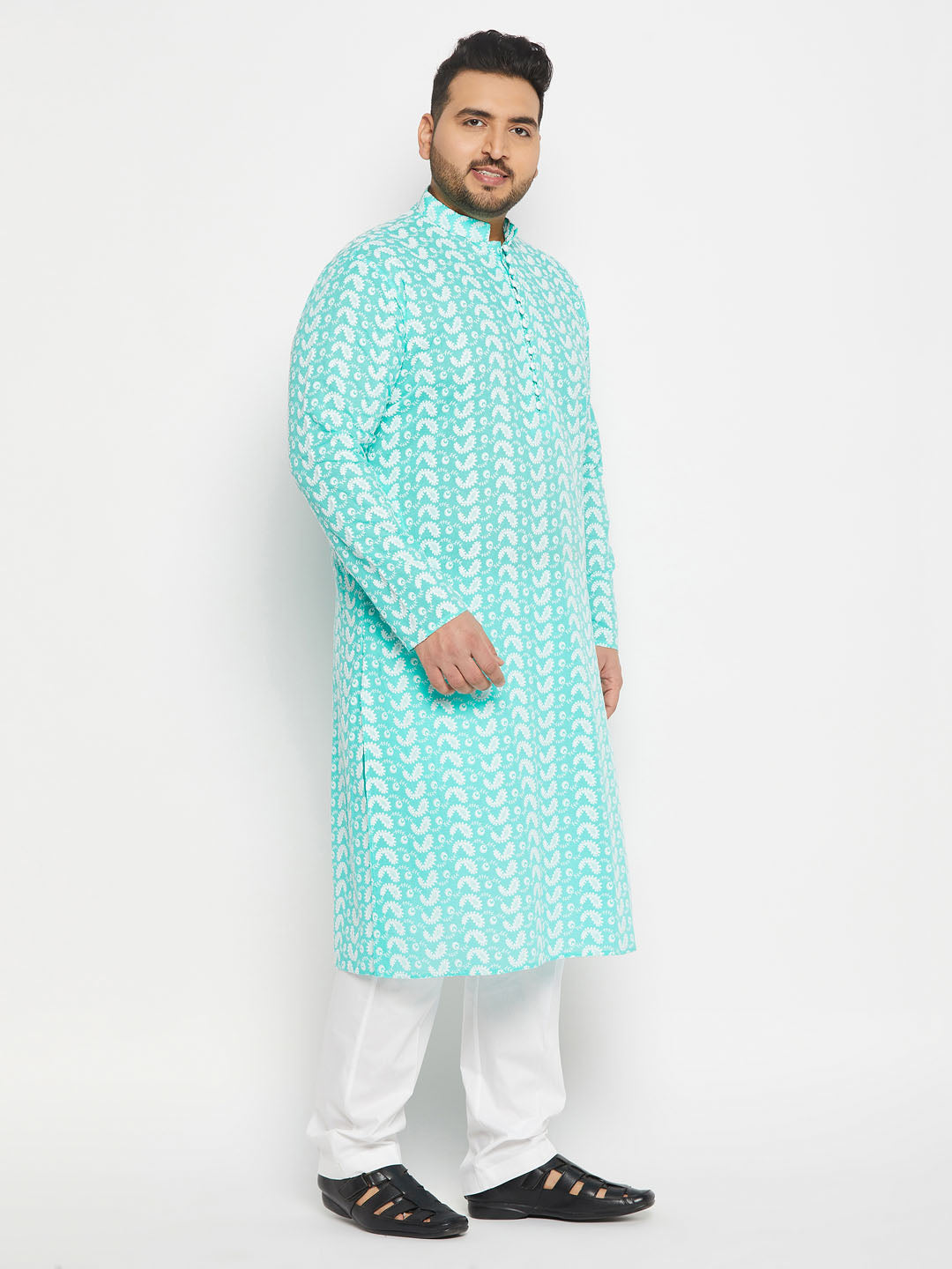 vastramay mens plus size green chikankari embroidered kurta and white cotton pant style pyjama set