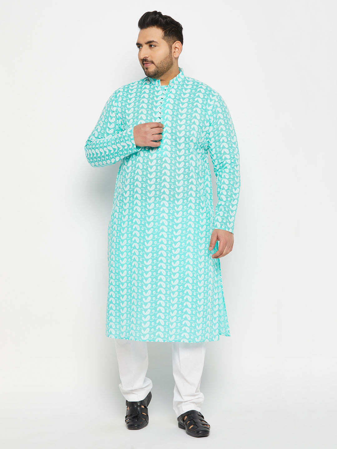 vastramay mens plus size green chikankari embroidered kurta and white cotton pant style pyjama set