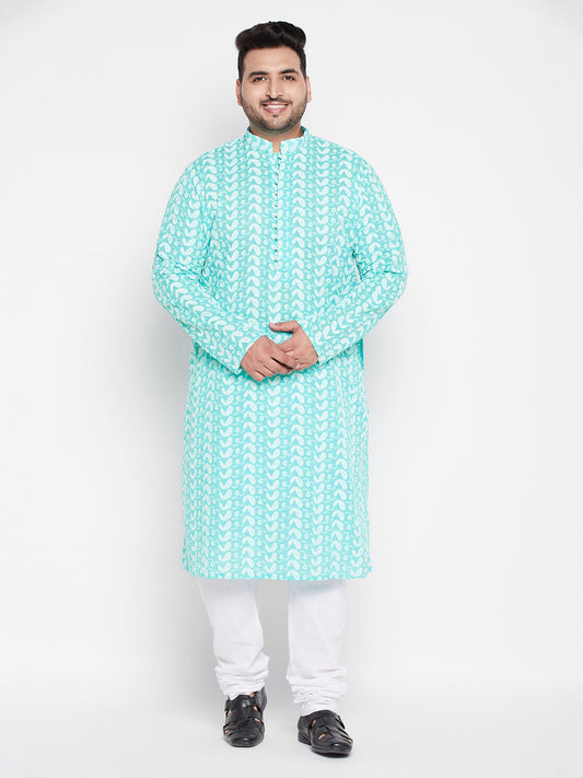 Vastramay mens plus size green color chikankari embroidered kurta and white color pyjama set