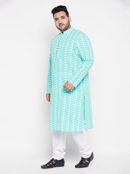 Vastramay mens plus size green color chikankari embroidered kurta and white color pyjama set