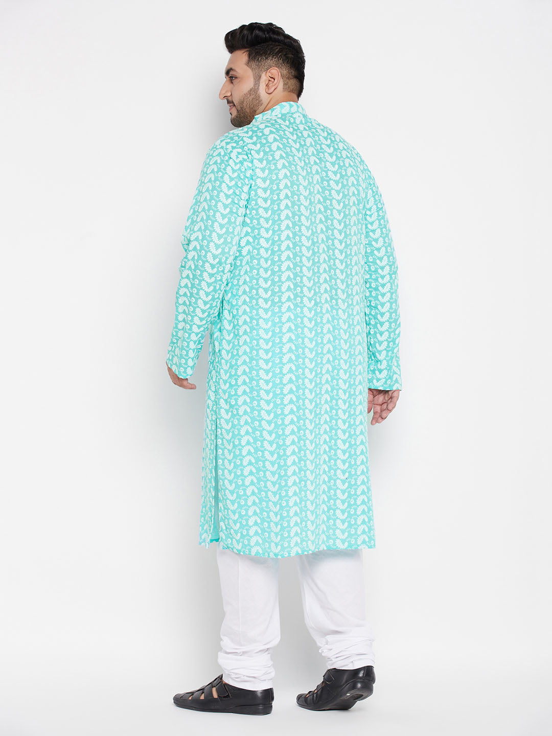 Vastramay mens plus size green color chikankari embroidered kurta and white color pyjama set