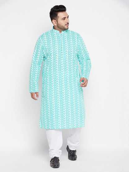 Vastramay mens plus size green color chikankari embroidered kurta and white color pyjama set