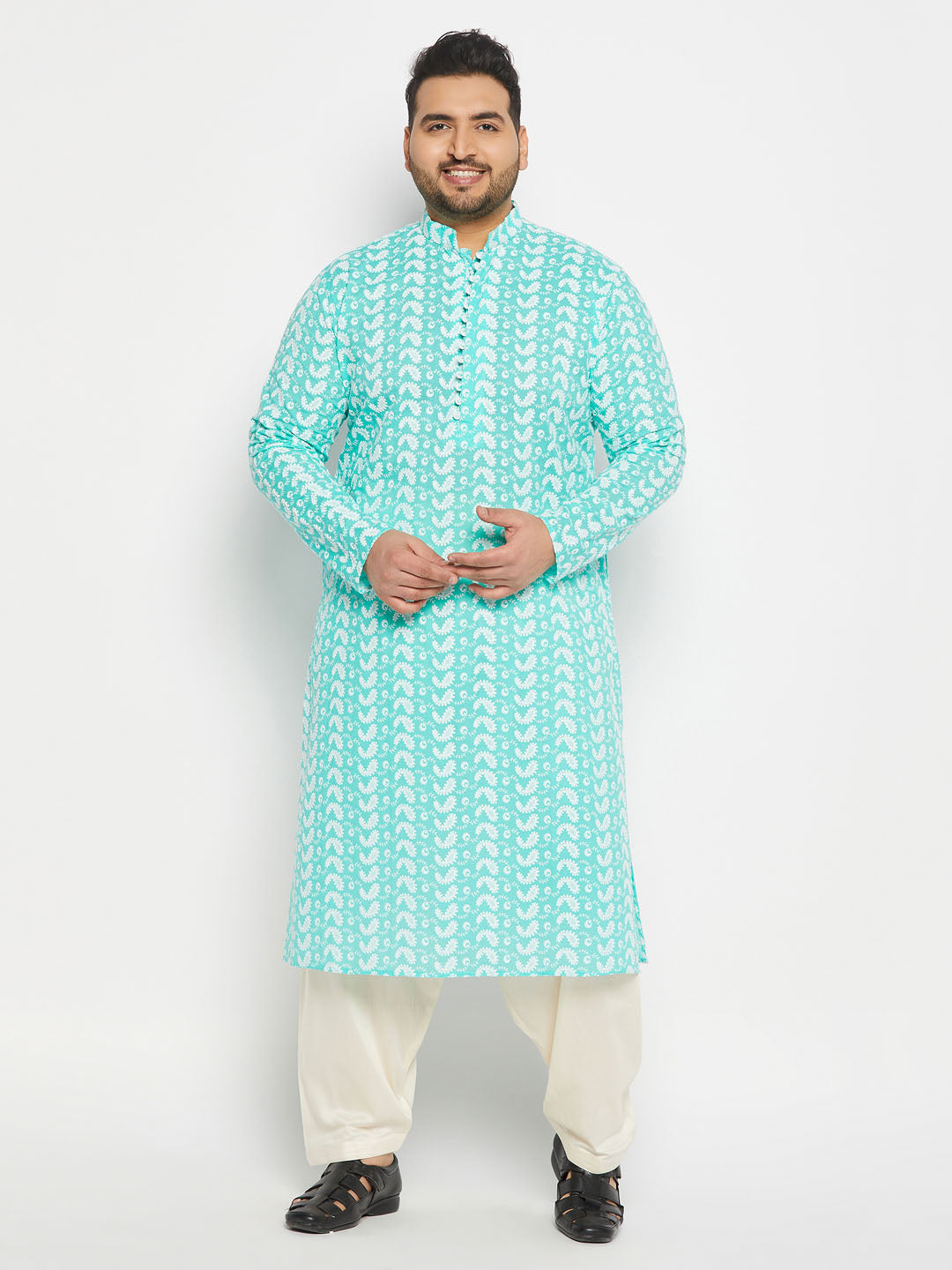 vastramay mens plus size green chikankari embroidered kurta and cream patiala set