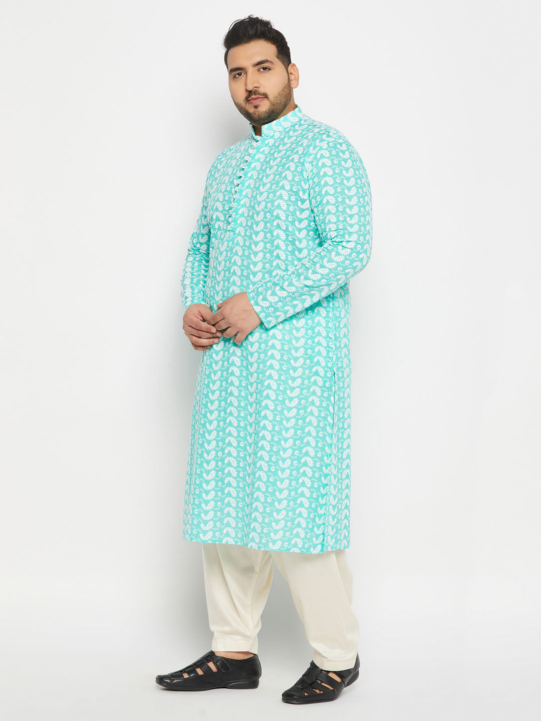 vastramay mens plus size green chikankari embroidered kurta and cream patiala set