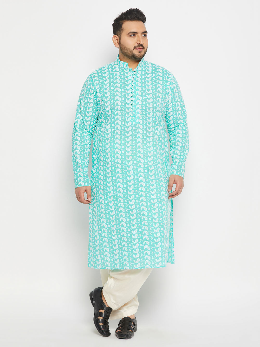 vastramay mens plus size green chikankari embroidered kurta and cream patiala set