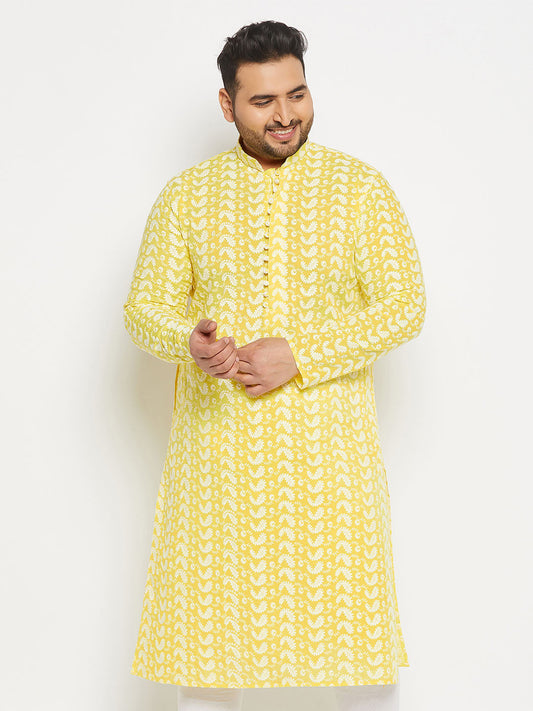 VASTRAMAY Men's Plus Size Mustard Chikankari Embroidered Kurta