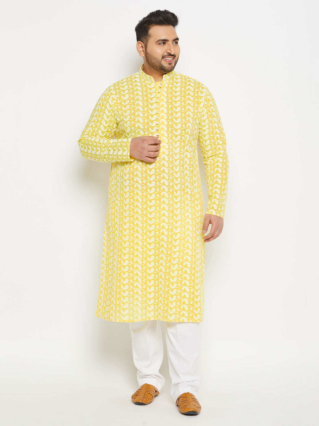 vastramay mens plus size mastardchikankari embroidered kurta and white cotton pant style pyjama set