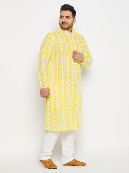 vastramay mens plus size mastardchikankari embroidered kurta and white cotton pant style pyjama set