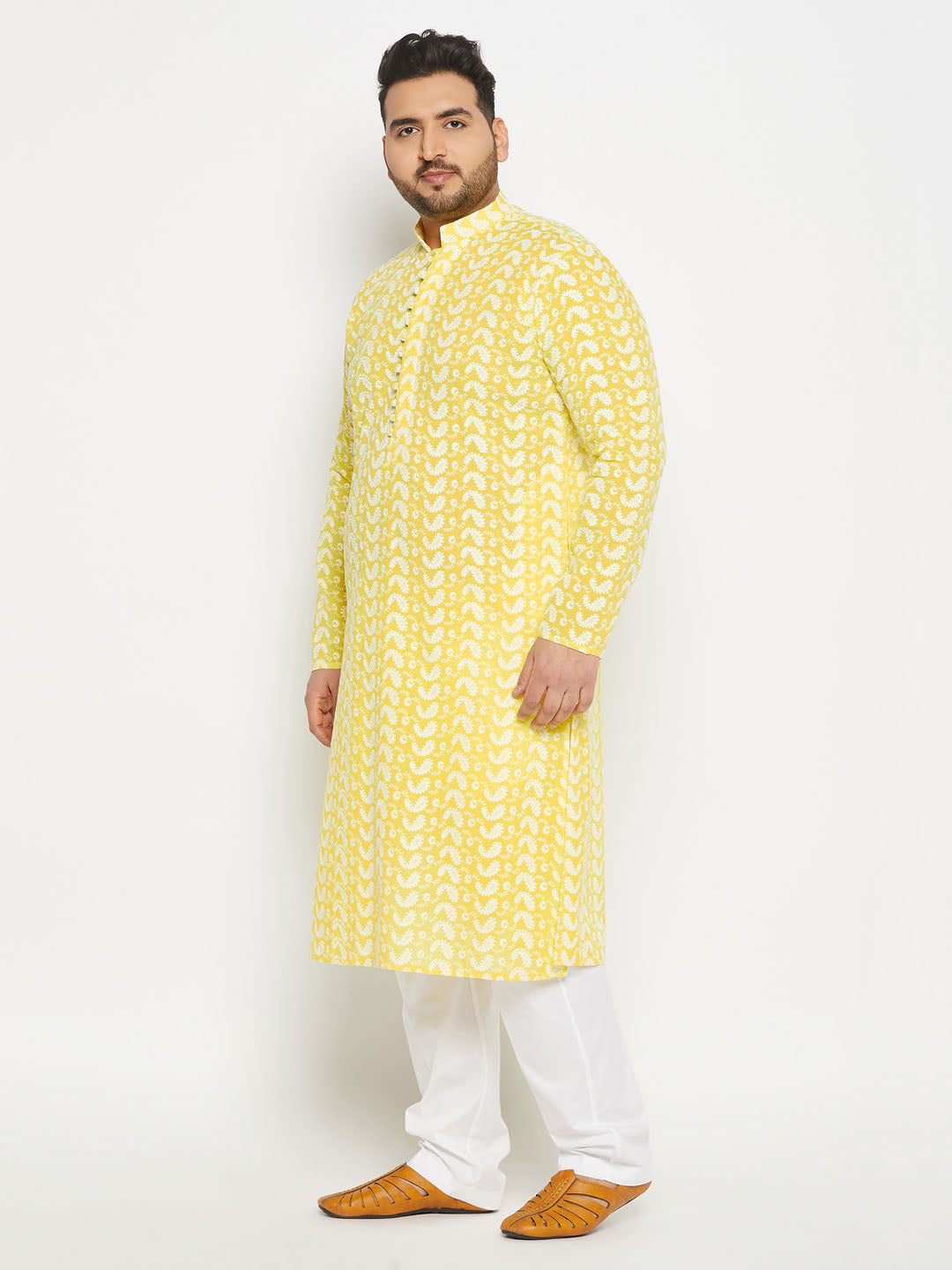 vastramay mens plus size mastardchikankari embroidered kurta and white cotton pant style pyjama set