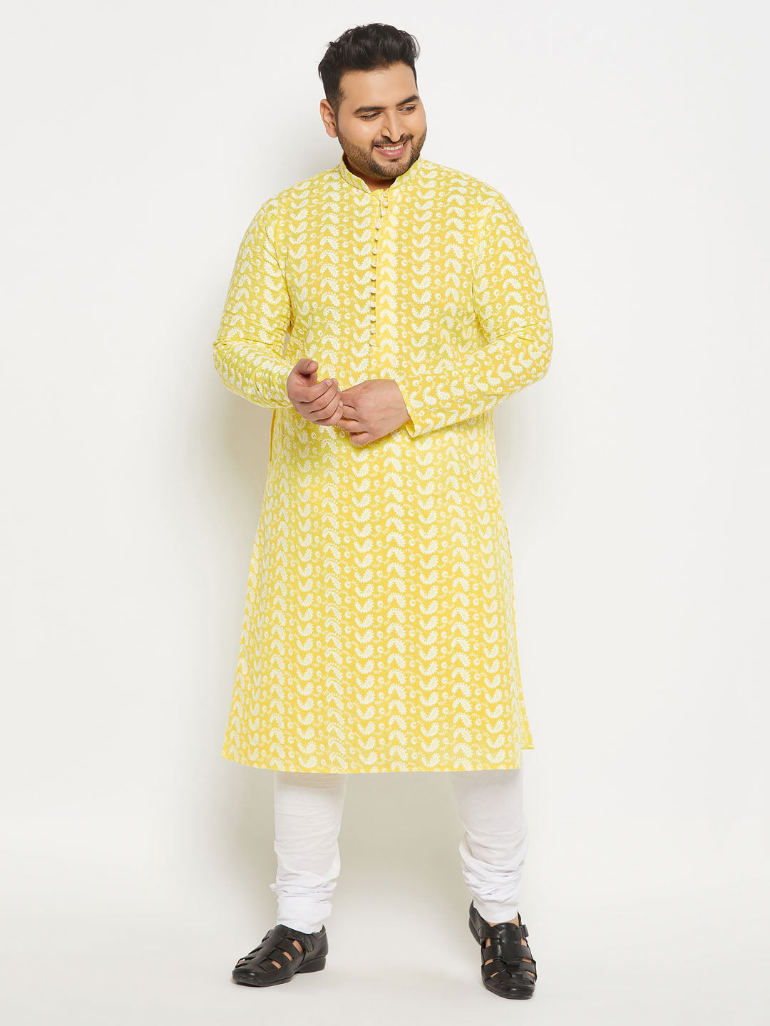 vastramay mens plus size mustard chikankari embroidered kurta and white pyjama set