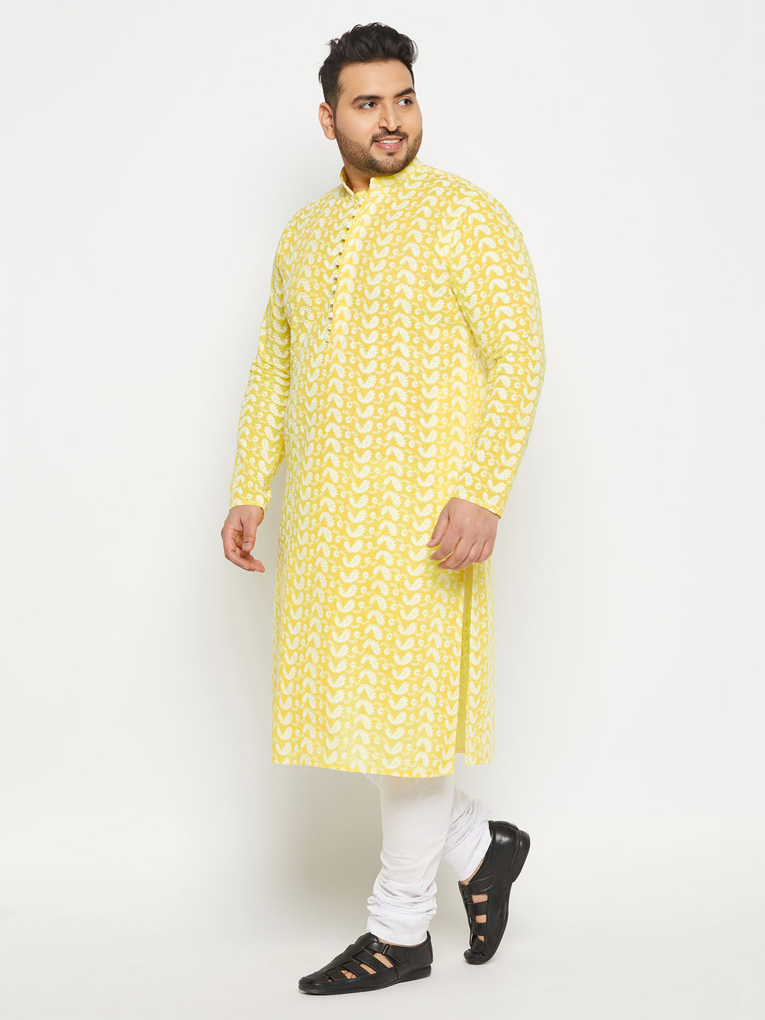 vastramay mens plus size mustard chikankari embroidered kurta and white pyjama set