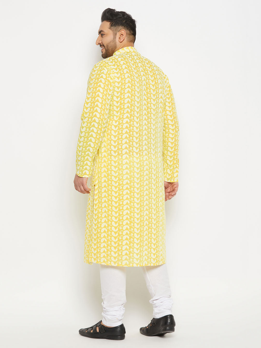 vastramay mens plus size mustard chikankari embroidered kurta and white pyjama set